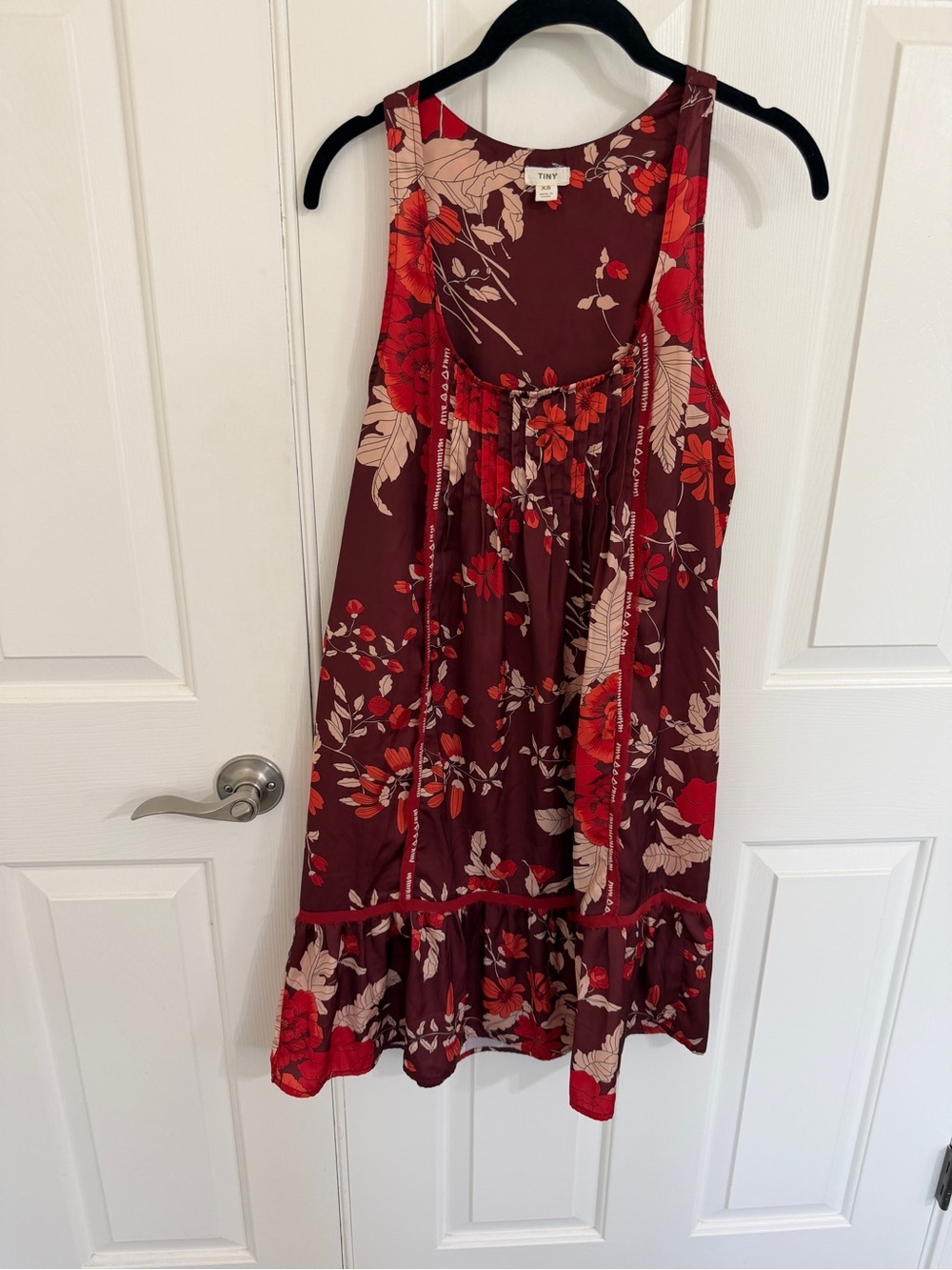 Tiny Anthropologie XS Burgundy Floral Boho Sleeveless Ruffle Midi Dress